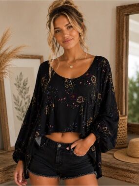 Floral High Low Tunic Blouse Boho Puff Long Sleeve Casual Women’s Size L